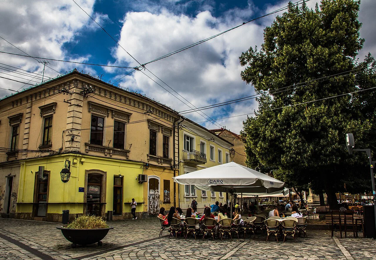 Historic buildings on Museum Square in Cluj-Napoca.