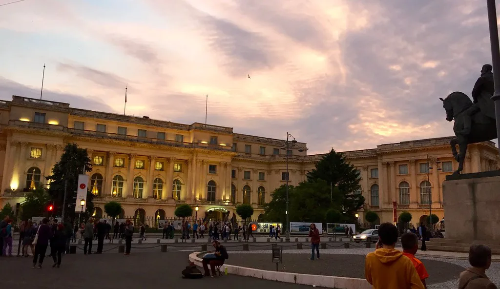 The National Museum of Art of Romania at sunset in Bucharest.