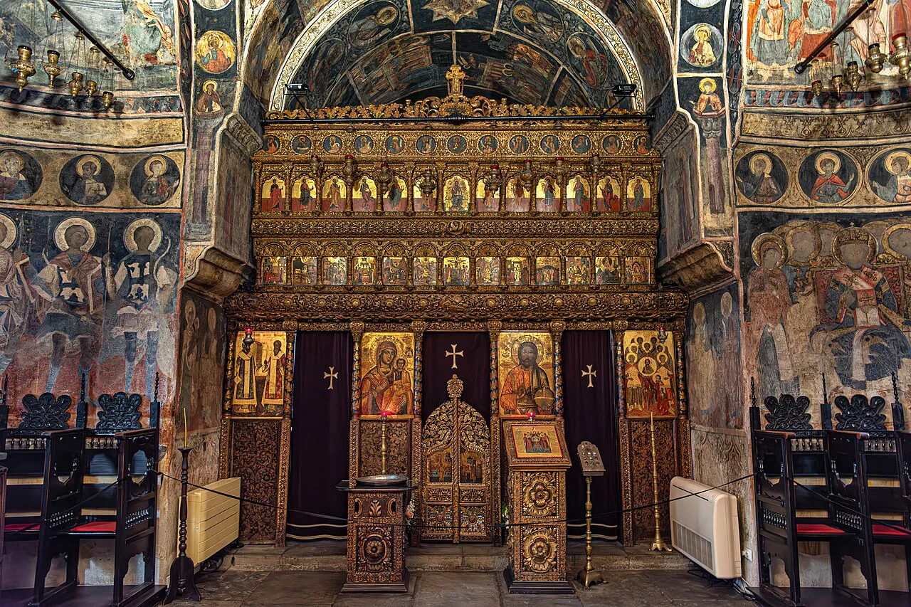The painted interior and iconostasis of Stavropoleos Monastery church, Bucharest.
