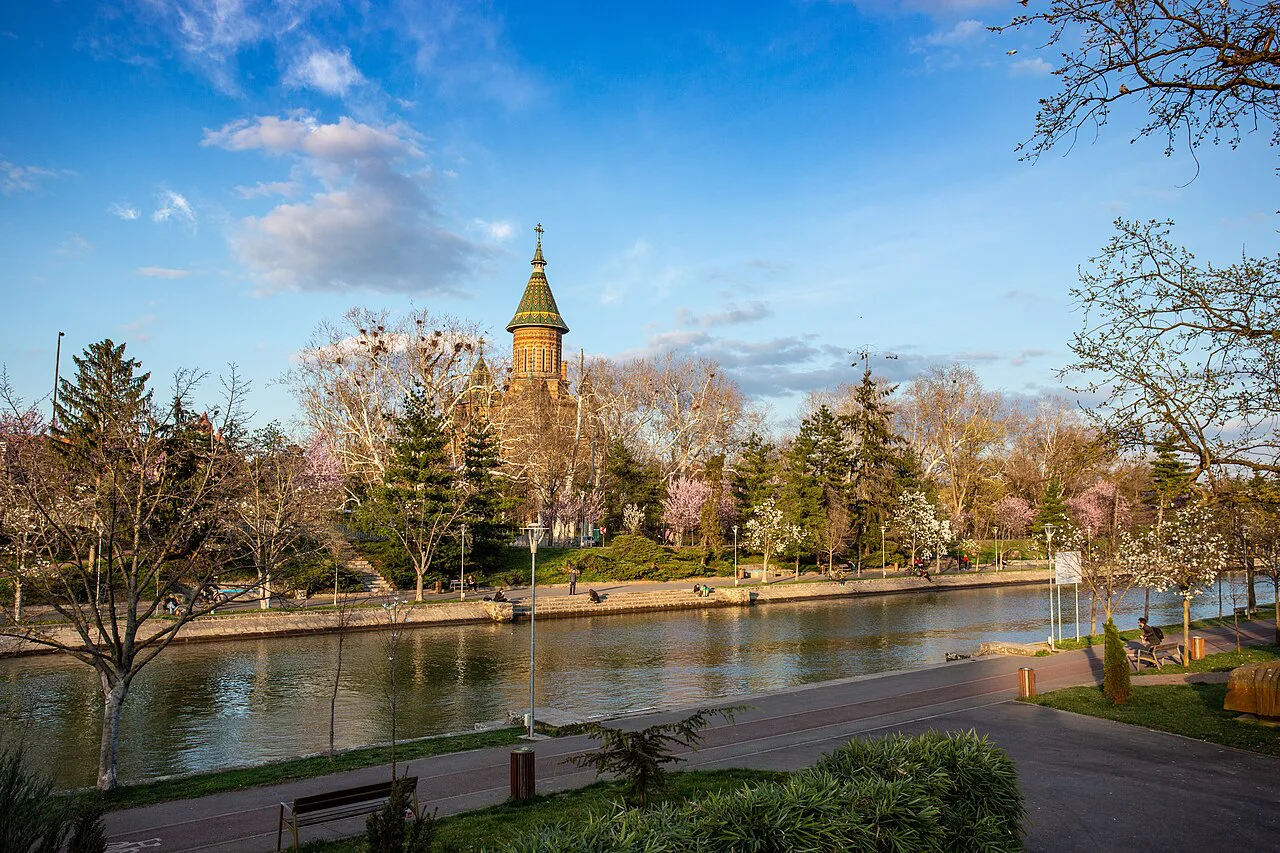 The Bega River with the Orthodox Cathedral beyond, Timișoara.