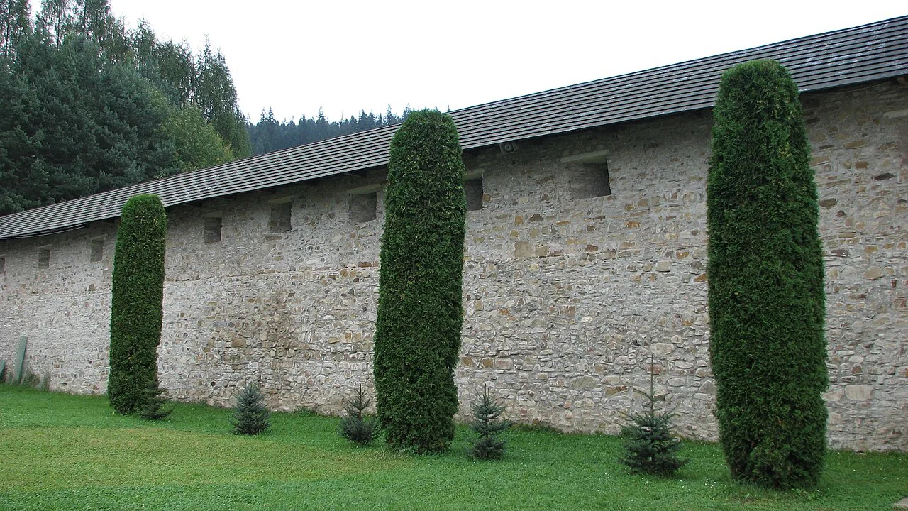 The outer wall of Putna Monastery, Bukovina.