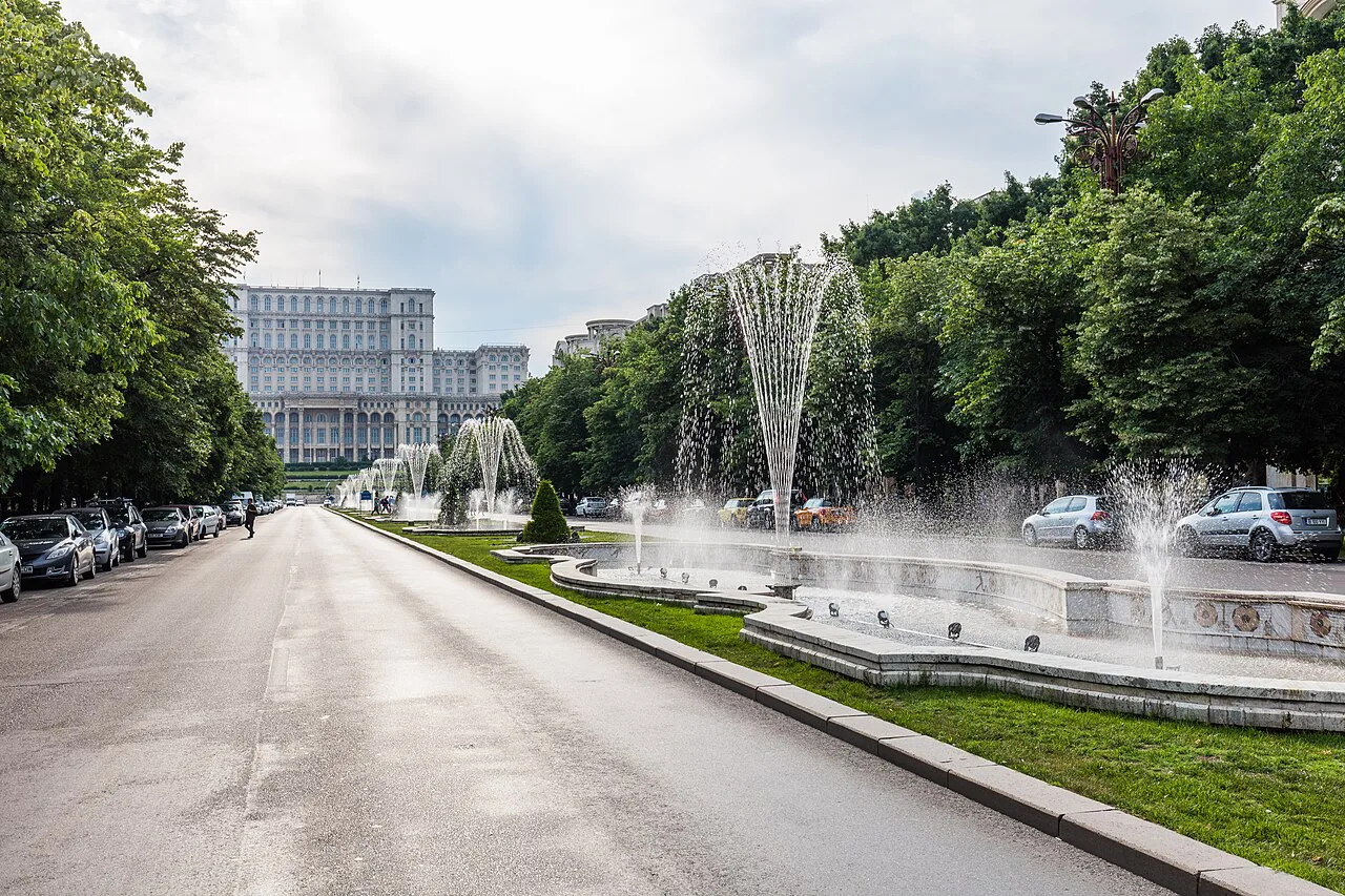 The Palace of the Parliament and fountains on Bulevardul Unirii, Bucharest.