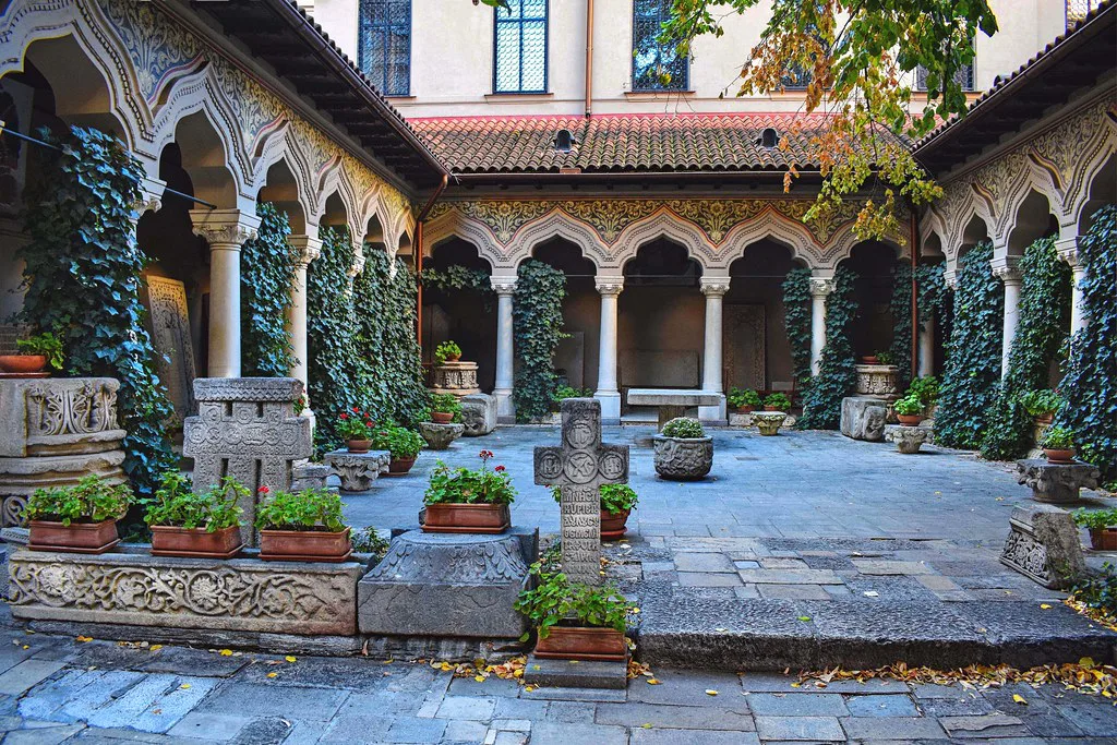 The courtyard of Stavropoleos Monastery in Bucharest.