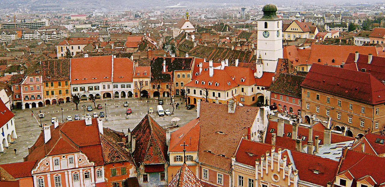 Piața Mică in Sibiu seen from above.