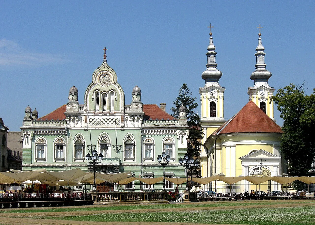 The Serbian Orthodox Episcopal Palace and Cathedral on Piața Unirii, Timișoara.