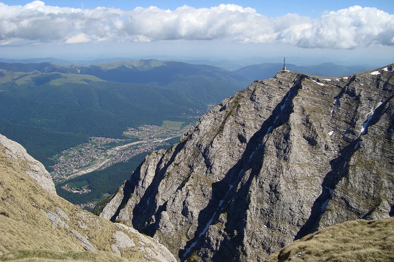 Caraiman Cross on the Bucegi Mountains above Bușteni in the Prahova Valley.