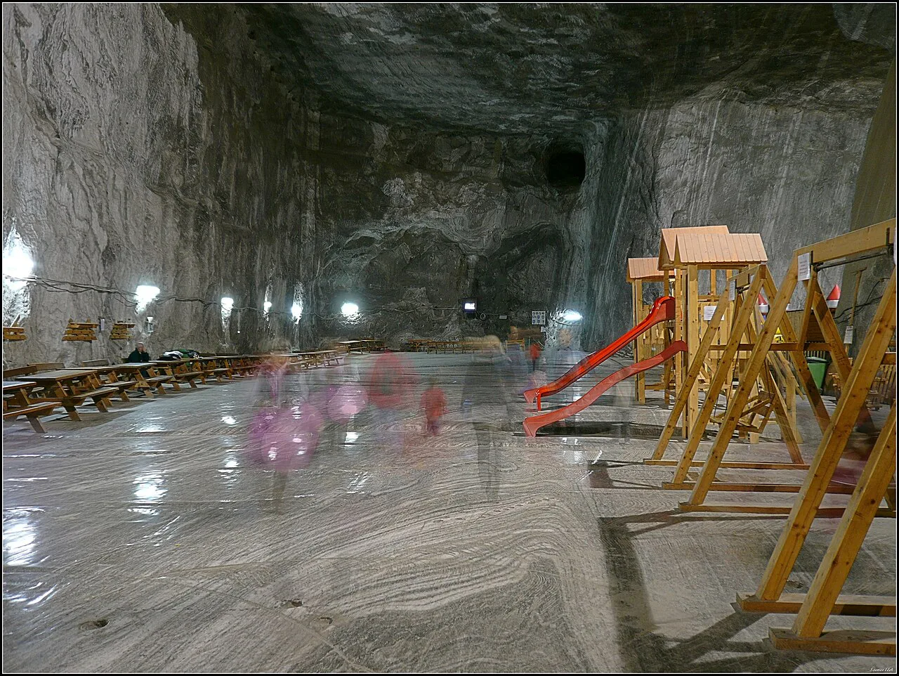 Underground hall with recreation equipment in the Praid salt mine.