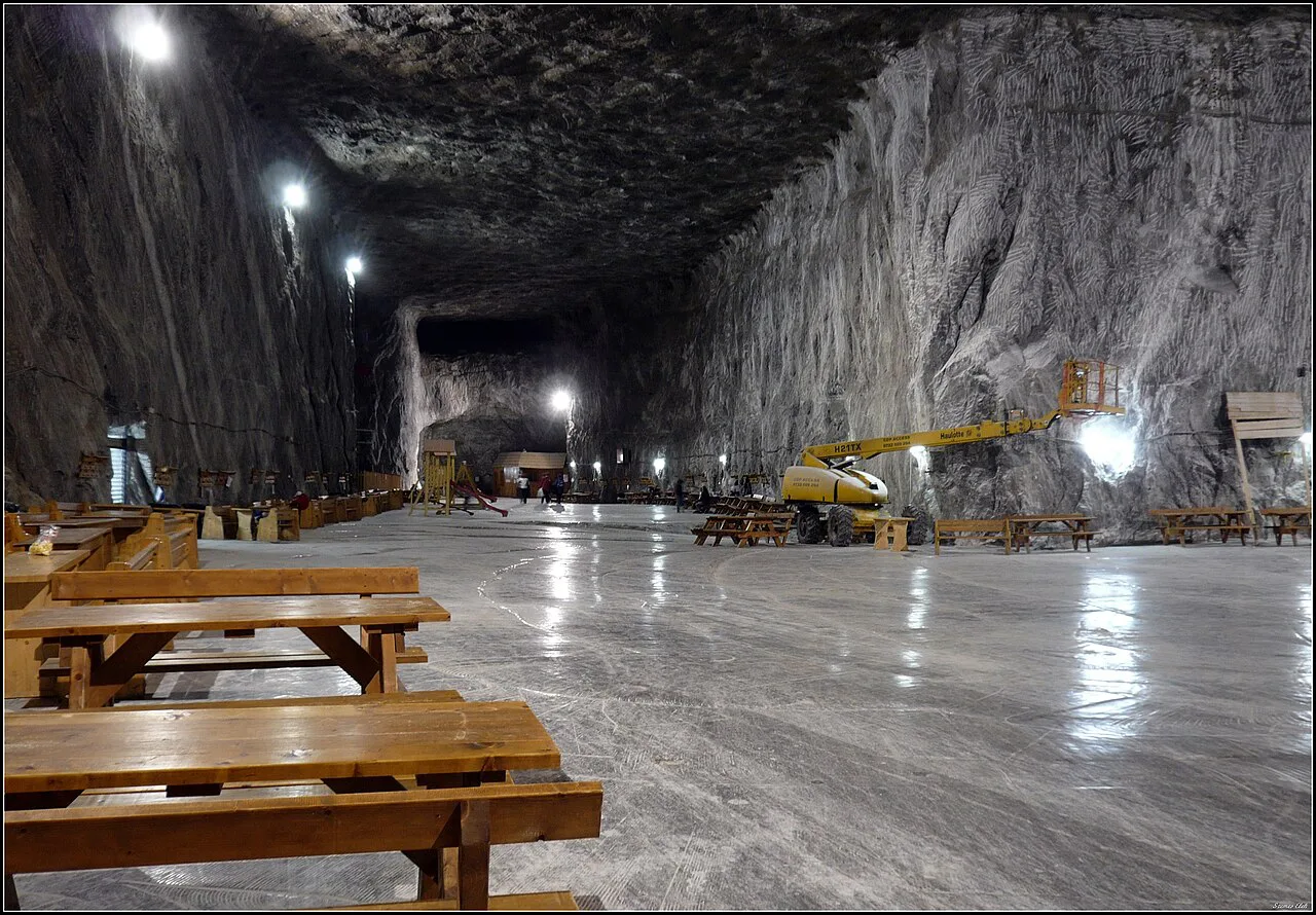 Benches in an underground hall of the Praid salt mine.