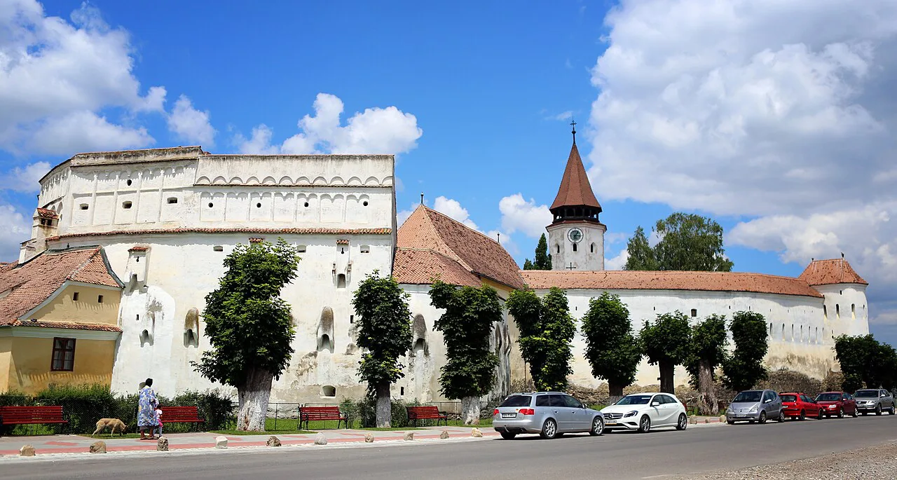 The fortified church in Prejmer seen from the road.