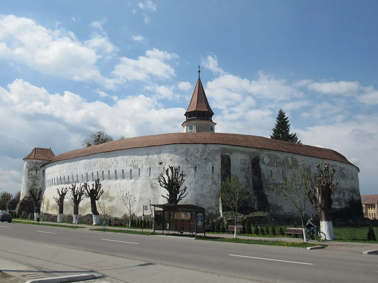 Round outer walls of the fortified church in Prejmer.