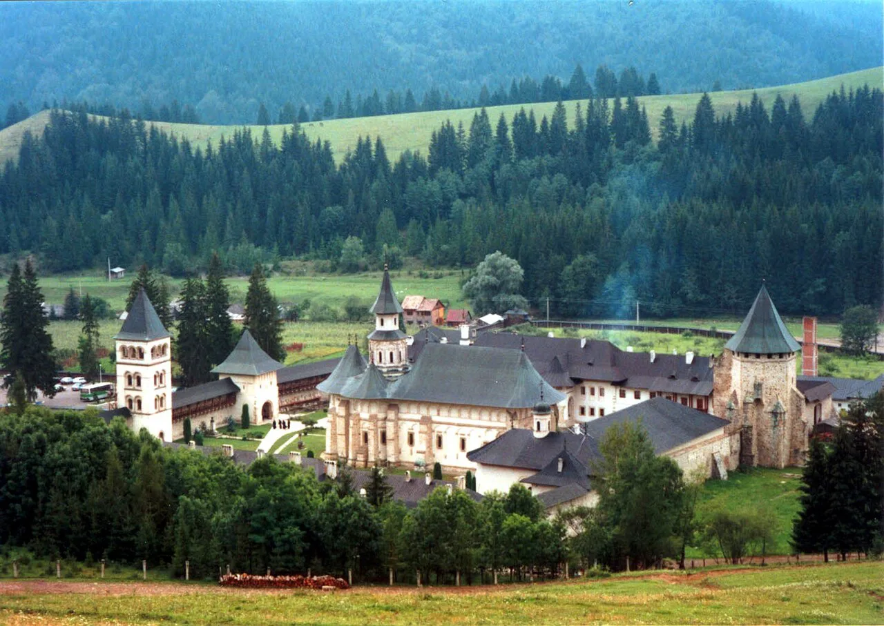 Putna Monastery in its valley, Bucovina.