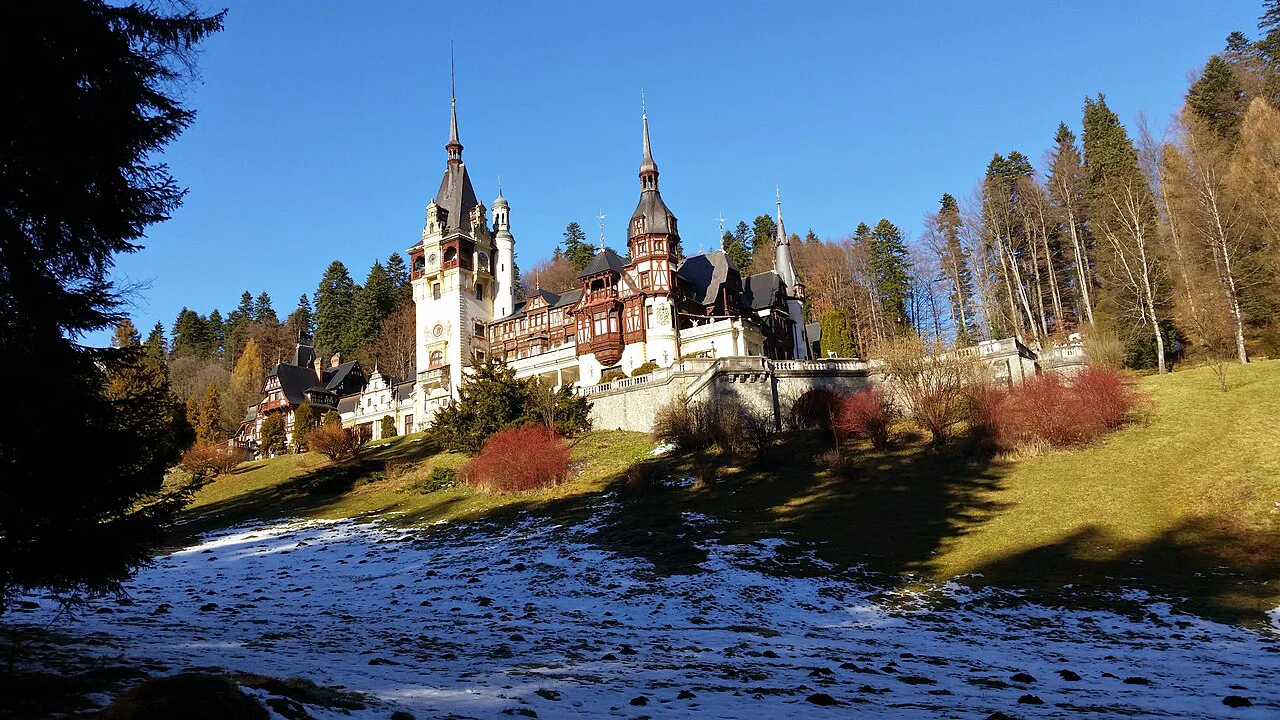 Peleș Castle in Sinaia in winter.