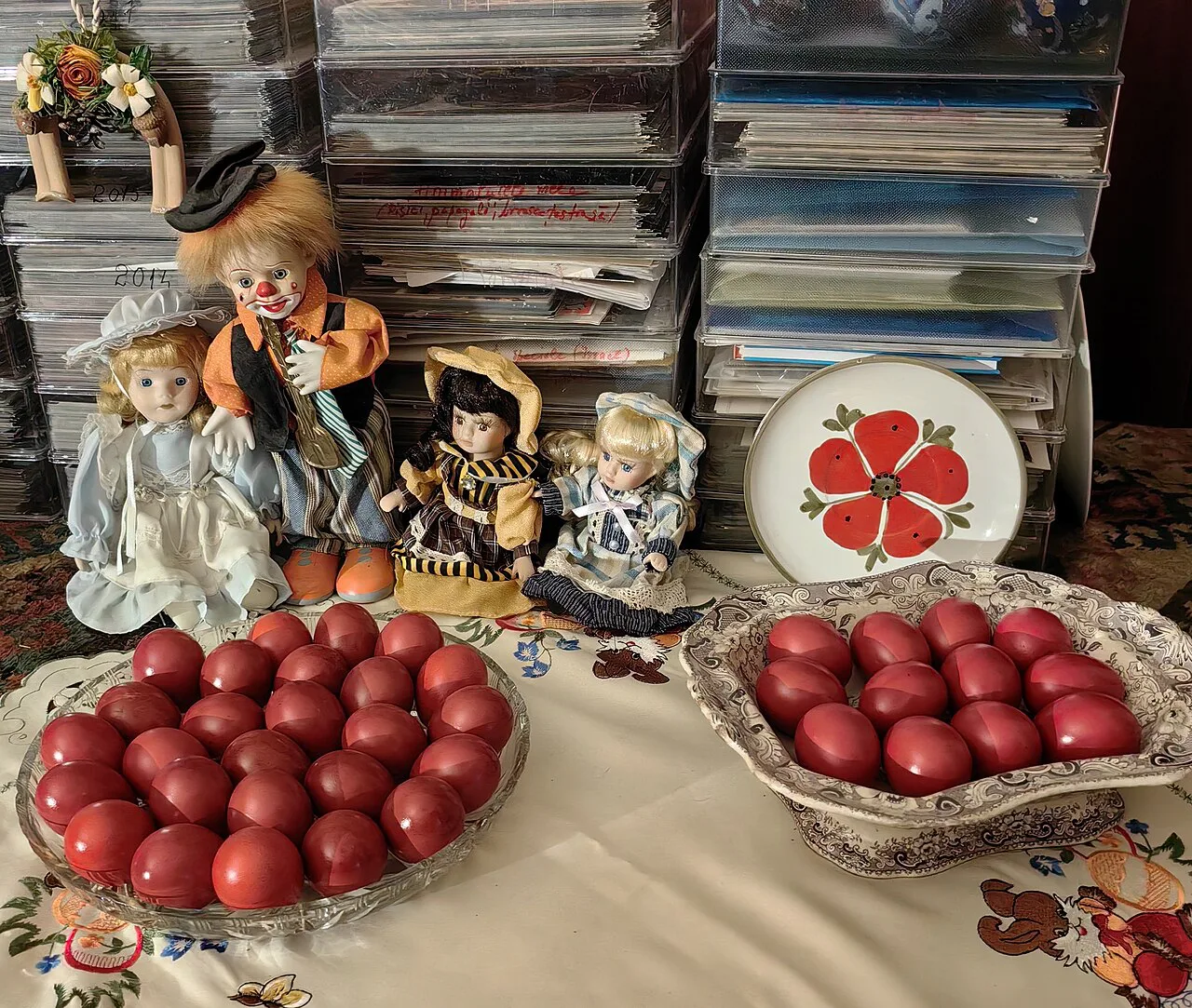 Red Easter eggs and toys in Bucharest.