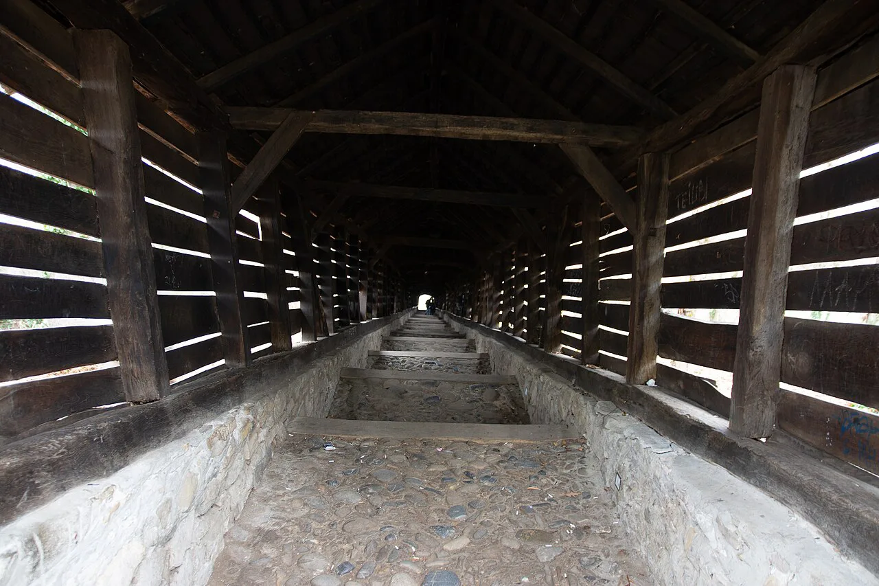 Wooden interior of the covered Scholars' Stairs in Sighișoara.