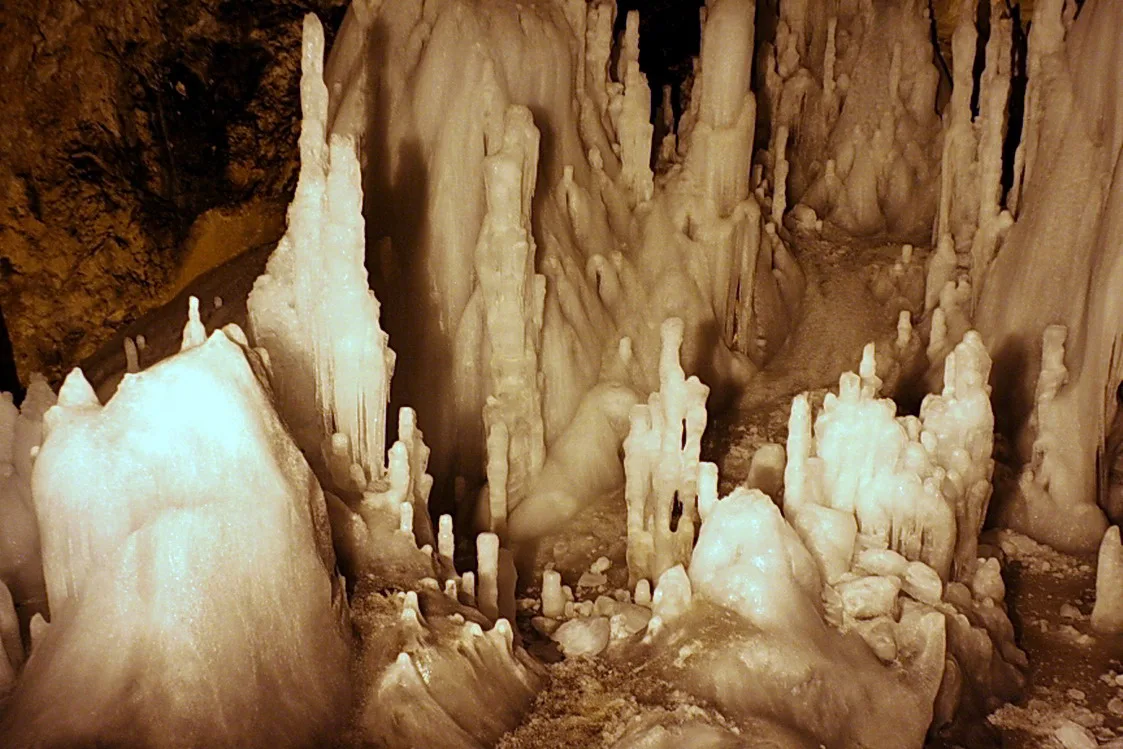Ice stalagmites in the Church Hall of Scărișoara Ice Cave.