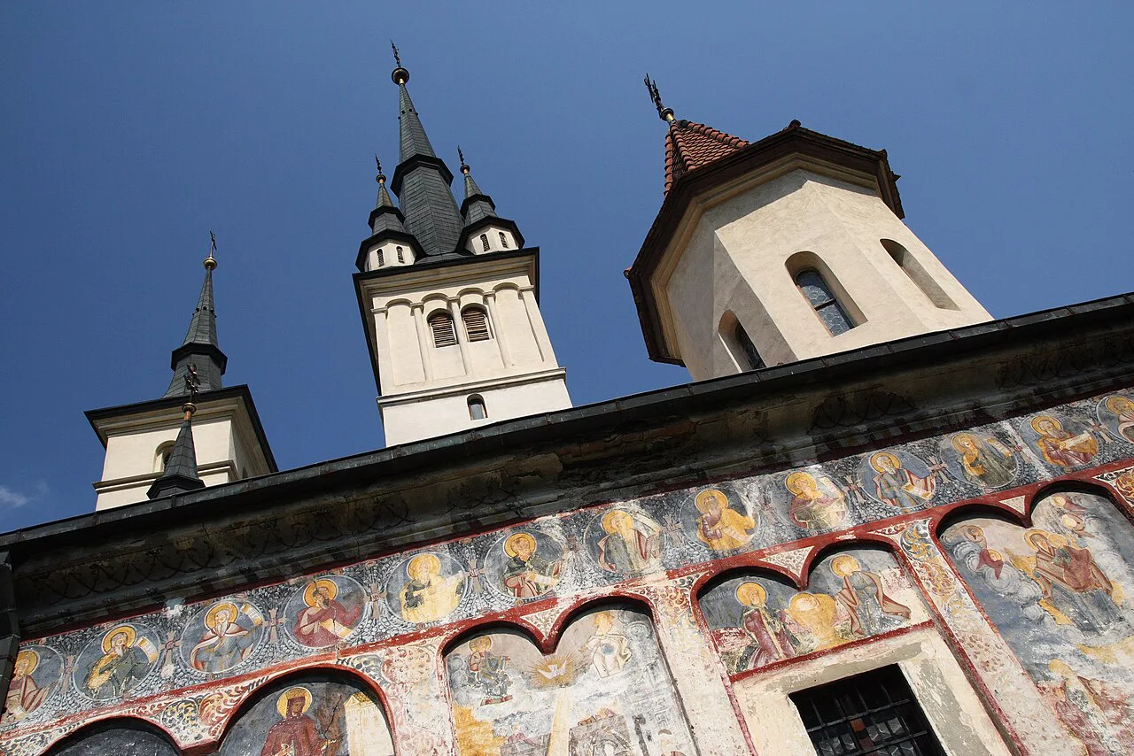 The spires and painted walls of St Nicholas Church, Schei, Brașov.
