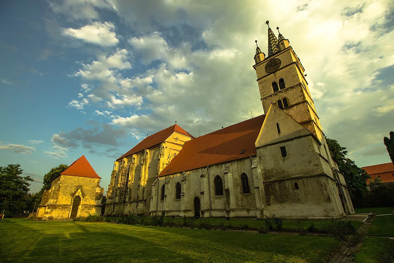 The Evangelical Church in Sebeș in evening light.