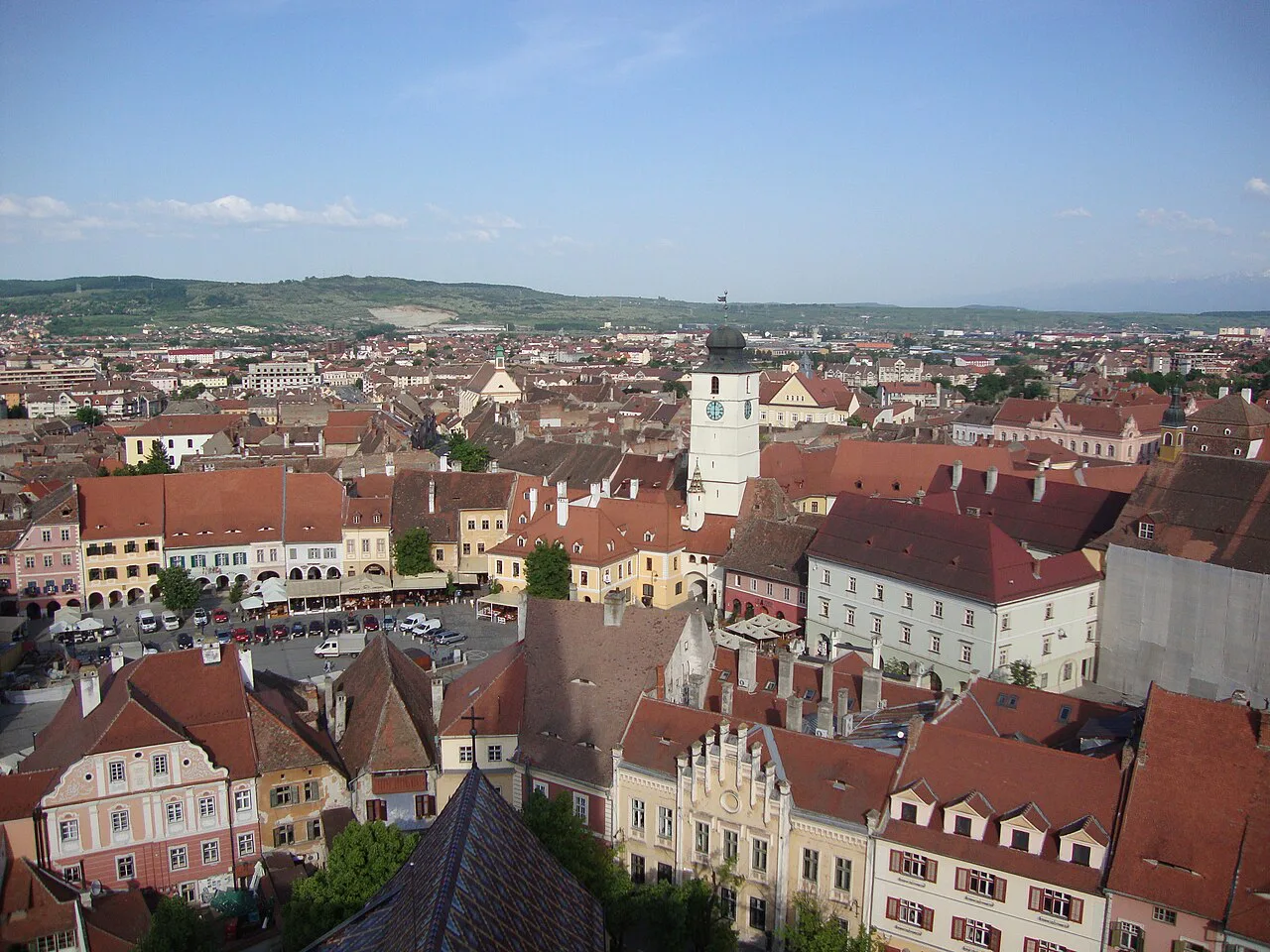 The old-town rooftops of Sibiu seen from above.