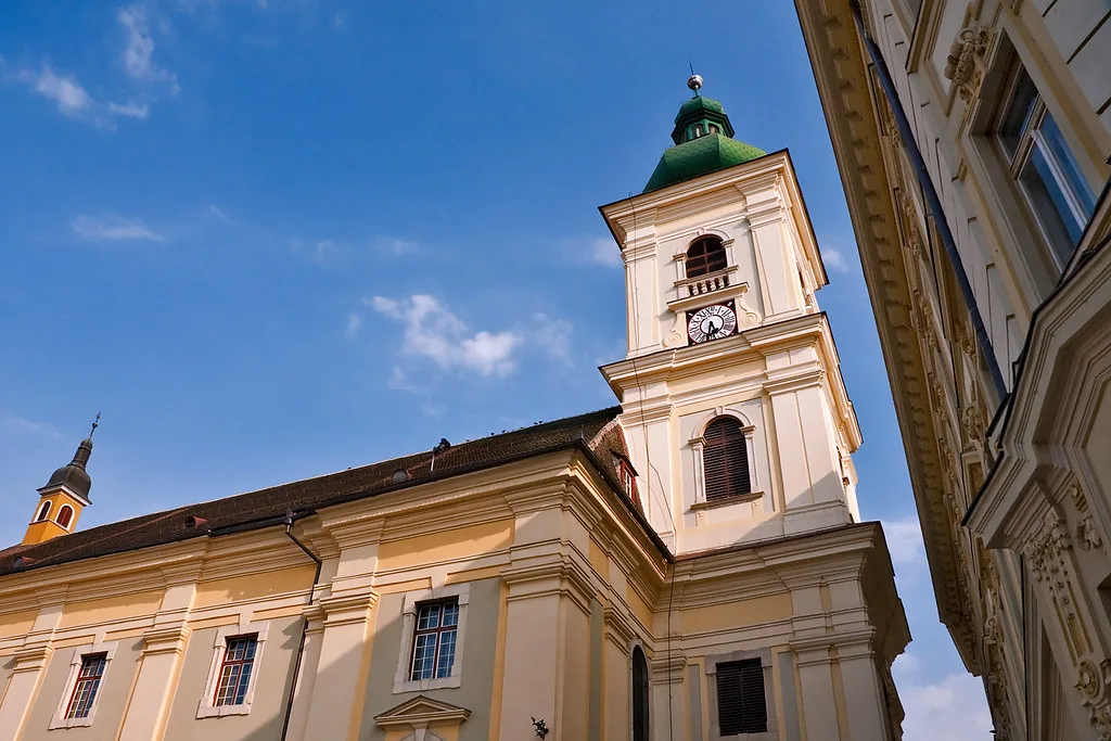 Tower of the Holy Trinity Roman Catholic Church near Piața Mare in Sibiu.