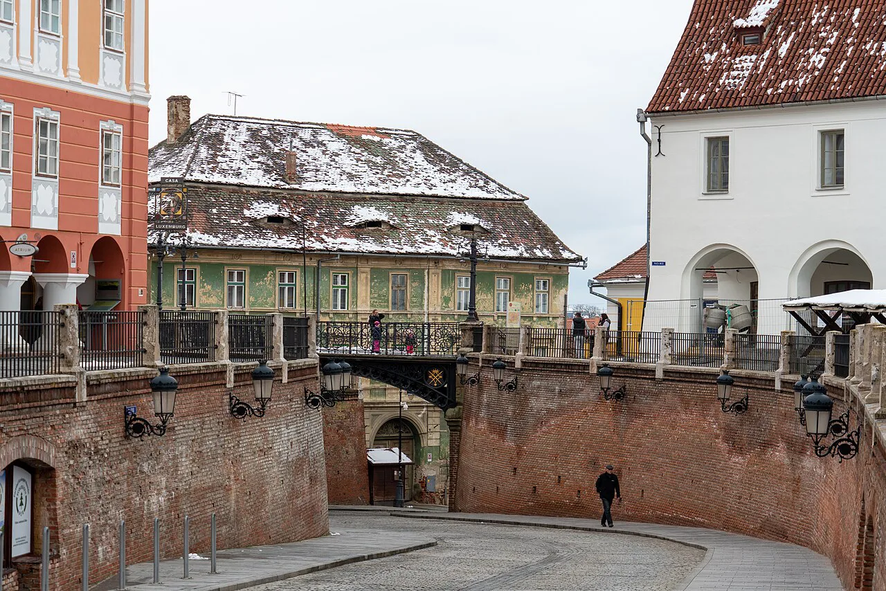 The Bridge of Lies and houses on Piața Mică in winter, Sibiu.