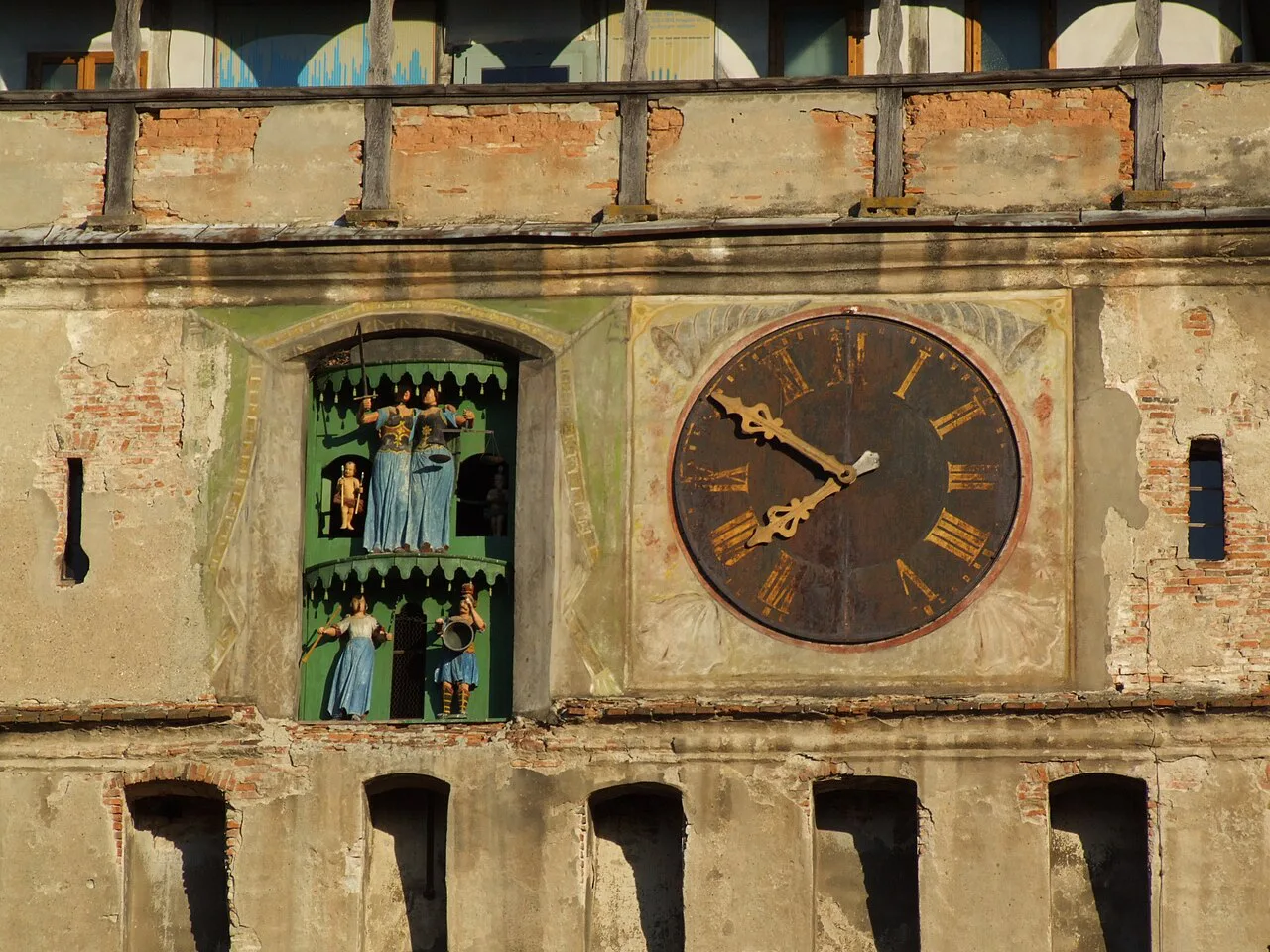 The clock and figurines on the Clock Tower, Sighișoara.
