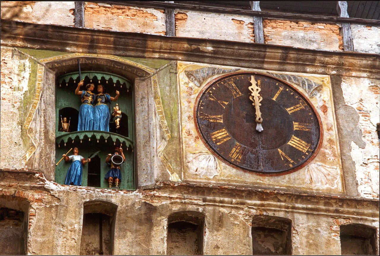 The clock face and figurine niche of the Clock Tower, Sighișoara.