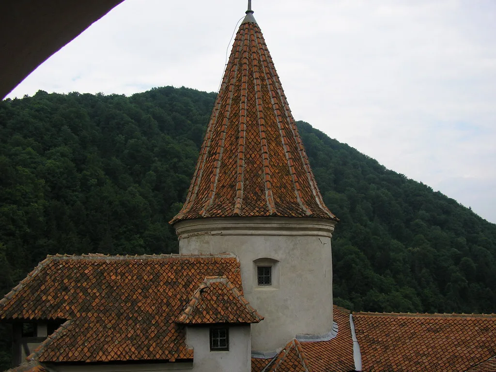 A tiled tower roof at Bran Castle, Transylvania.