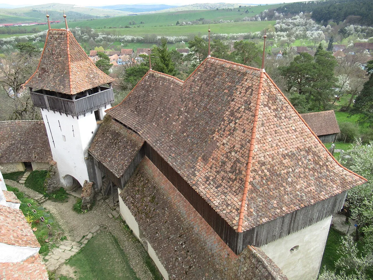 Aerial view of the fortified church in Viscri, Brașov County.