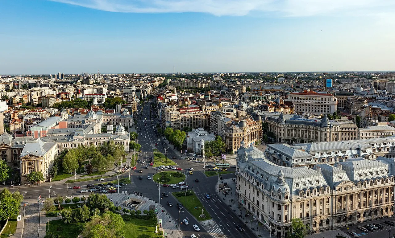 An aerial view over University Square and central Bucharest.