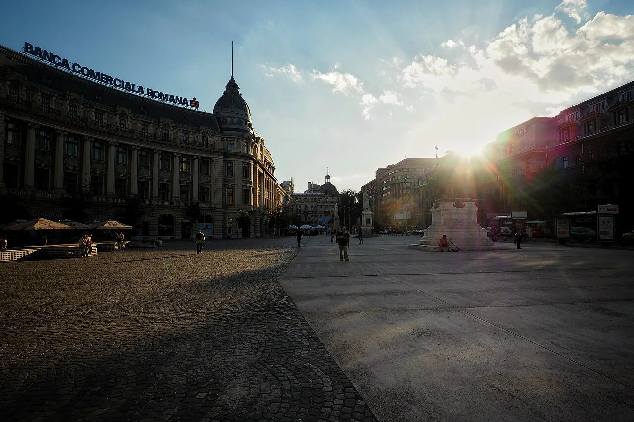 Sunset over University Square, Bucharest.