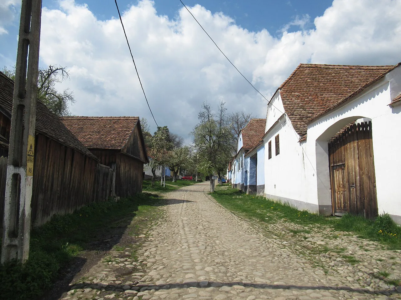 Unpaved village street lined with houses in Viscri.