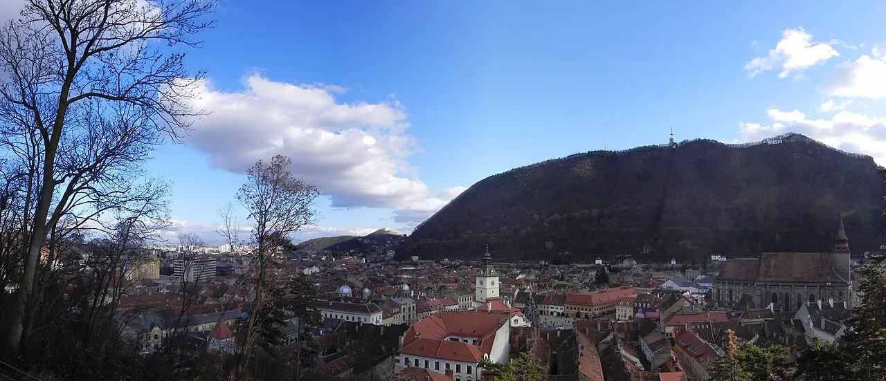 The historic centre of Brașov and Tâmpa seen from the Black Tower.